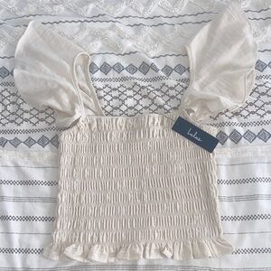 Lulu's Beige Linen Flutter Sleeve Smocked Top